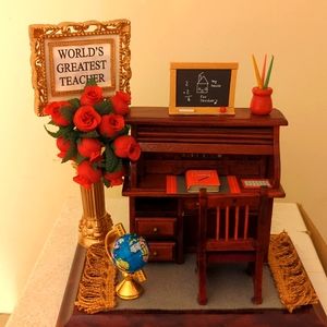 Teacher's gift wooden miniature desk with accessories.